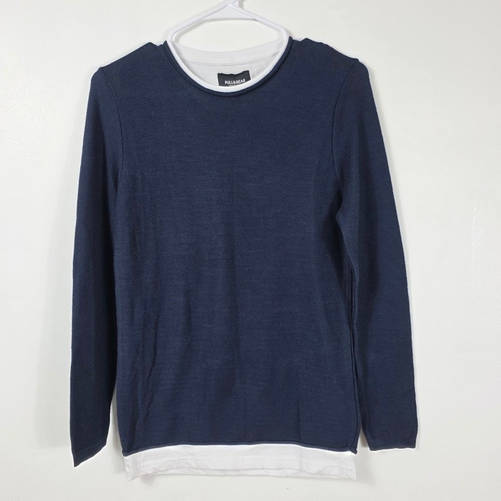 Pull&Bear Navy Blue Layered Look Waffle Knit Sweater Women Crew Oversized XS